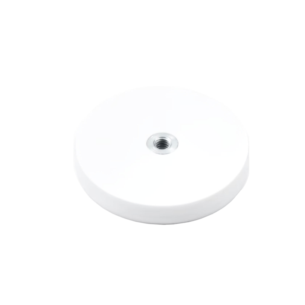 Rubber magnet (white) w. internal thread, Ø43 mm.